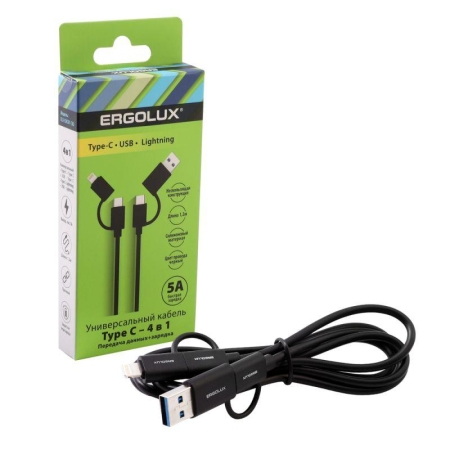 Кабель 4 в 1 USB/Type C-Type C/Lightning 5А 60Вт 1.2м З+ПД коробка черн. Ergolux 15248 Кабель 4 в 1 USB/Type C-Type C/Lightning 5А 60Вт 1.2м З+ПД коробка черн. Ergolux 15248