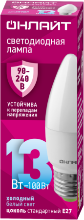 Лампа светодиодная 90 418 OLL-C37-13-230-6.5K-E27-FR (PRO 90-240В) ОНЛАЙТ 90418 Лампа светодиодная 90 418 OLL-C37-13-230-6.5K-E27-FR (PRO 90-240В) ОНЛАЙТ 90418