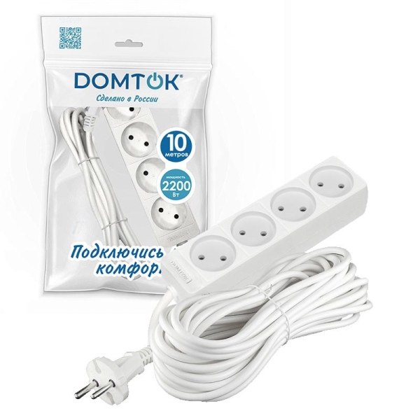 Удлинитель 4х10м без заземл. 10А IP20 2.2кВт ПВС 2х1 бел. DOMTOK 2355 Удлинитель 4х10м без заземл. 10А IP20 2.2кВт ПВС 2х1 бел. DOMTOK 2355