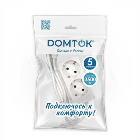 Удлинитель 2х5м с заземл. 16А IP20 3.5кВт ПВС 3х1 бел. DOMTOK 2387 Удлинитель 2х5м с заземл. 16А IP20 3.5кВт ПВС 3х1 бел. DOMTOK 2387