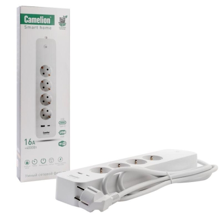 Фильтр сетевой умный Smart Home SZD/SH/4х1.5/WIFI 4гн.1.5м 16А 4000В USB+Type-С WiFi+Счетчик Camelion 14800