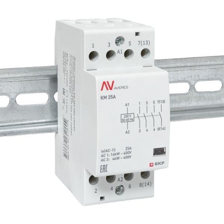 Контактор модульный КМ 25А 4NO 230В AC (2 мод.) AVERES EKF km-av-2-25-40-230V Контактор модульный КМ 25А 4NO 230В AC (2 мод.) AVERES EKF km-av-2-25-40-230V
