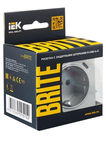 Розетка BRITE РЮш11-1-БрА 16А с USB A+C 18Вт с заземл. защ. шторки механизм алюм. IEK BR-R14-16-U22-018-K47 Розетка BRITE РЮш11-1-БрА 16А с USB A+C 18Вт с заземл. защ. шторки механизм алюм. IEK BR-R14-16-U22-018-K47