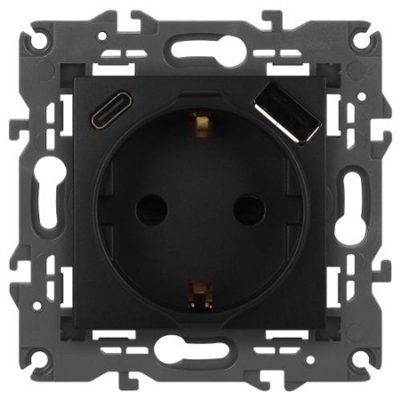 Розетка Elegance 14-4108-05 16A 250В 2P+E защ. шторки с USB type-A+C 3А 5В антрацит Эра Б0067724