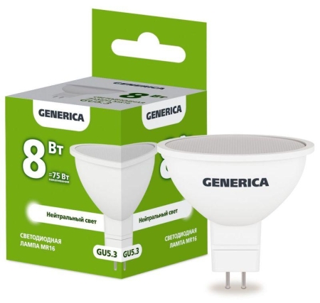 Лампа светодиодная MR16 8Вт софит 4000К GU5.3 230В GENERICA LL-MR16-08-230-40-GU5-G Лампа светодиодная MR16 8Вт софит 4000К GU5.3 230В GENERICA LL-MR16-08-230-40-GU5-G