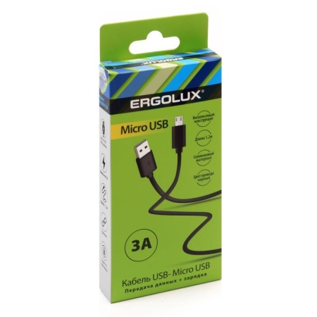 Кабель USB-Micro USB 3А 1.2м зарядка + передача данных черн. (коробка) ERGOLUX 15093 Кабель USB-Micro USB 3А 1.2м зарядка + передача данных черн. (коробка) ERGOLUX 15093