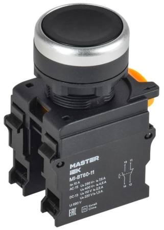 Кнопка d22мм 1НО+1НЗ MASTER черн. IEK MI-BT60-11-3-22-K02 Кнопка d22мм 1НО+1НЗ MASTER черн. IEK MI-BT60-11-3-22-K02