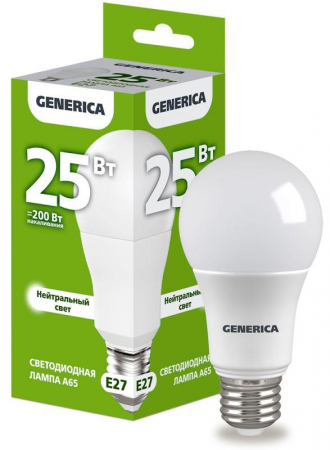 Лампа светодиодная A65 25Вт грушевидная 4000К E27 230В GENERICA LL-A65-25-230-40-E27-G Лампа светодиодная A65 25Вт грушевидная 4000К E27 230В GENERICA LL-A65-25-230-40-E27-G