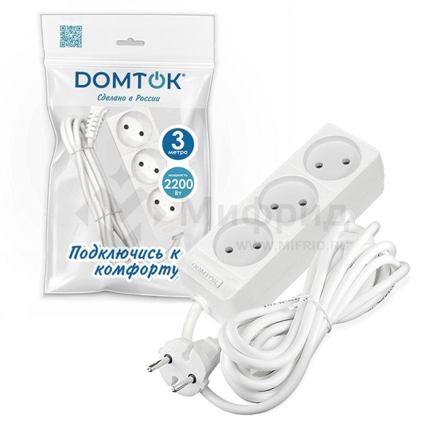 Удлинитель 3х3м без заземл. 10А IP20 2.2кВт ПВС 2х1 бел. DOMTOK 2351