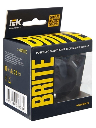 Розетка BRITE РЮш10-1-БрГ 16А с USB A+A 2.1А с заземл. защ. шторки механизм графит IEK BR-R14-16-U21-D21-K53 Розетка BRITE РЮш10-1-БрГ 16А с USB A+A 2.1А с заземл. защ. шторки механизм графит IEK BR-R14-16-U21-D21-K53