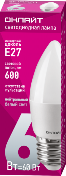 Лампа светодиодная 71 631 OLL-C37-6-230-4K-E27-FR 6Вт свеча 4000К нейтр. бел. E27 470лм 220-240В ОНЛАЙТ 71631