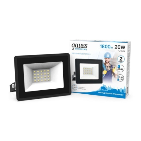 Прожектор светодиодный Elementary 20Вт 6500К IP65 1800лм 200-240В ДО черн. GAUSS 613100320 Прожектор светодиодный Elementary 20Вт 6500К IP65 1800лм 200-240В ДО черн. GAUSS 613100320