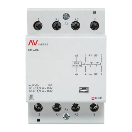 Контактор модульный КМ 40А 2NO+2NC 230В AC (3 мод.) AVERES EKF km-av-3-40-22-230V Контактор модульный КМ 40А 2NO+2NC 230В AC (3 мод.) AVERES EKF km-av-3-40-22-230V