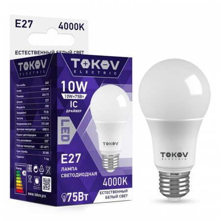 Лампа светодиодная 10Вт А60 4000К Е27 176-264В TOKOV ELECTRIC TKE-A60-E27-10-4K Лампа светодиодная 10Вт А60 4000К Е27 176-264В TOKOV ELECTRIC TKE-A60-E27-10-4K