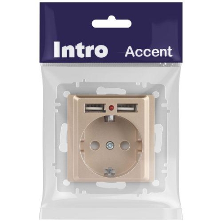 Розетка 1-м СП Accent 6-410-04 16А IP20 250В P+E Schuko + 2хUSB защ. шторки шампань Intro Б0063696 Розетка 1-м СП Accent 6-410-04 16А IP20 250В P+E Schuko + 2хUSB защ. шторки шампань Intro Б0063696
