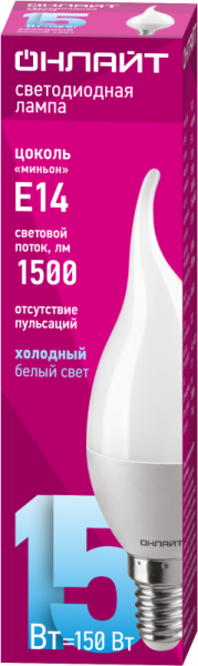 Лампа светодиодная 90 623 OLL-FC37-15-230-6.5K-E14-FR свеча на ветру ОНЛАЙТ 90623