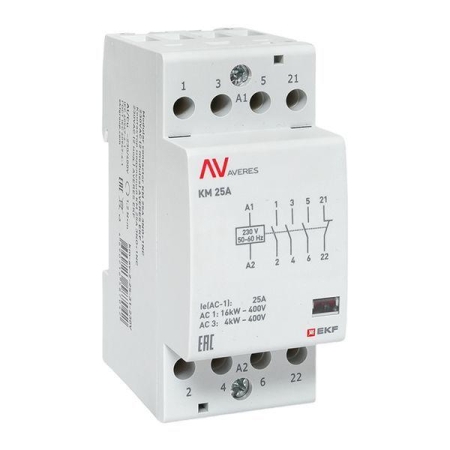 Контактор модульный КМ 25А 3NO+1NC 230В AC (2 мод.) AVERES EKF km-av-2-25-31-230V Контактор модульный КМ 25А 3NO+1NC 230В AC (2 мод.) AVERES EKF km-av-2-25-31-230V