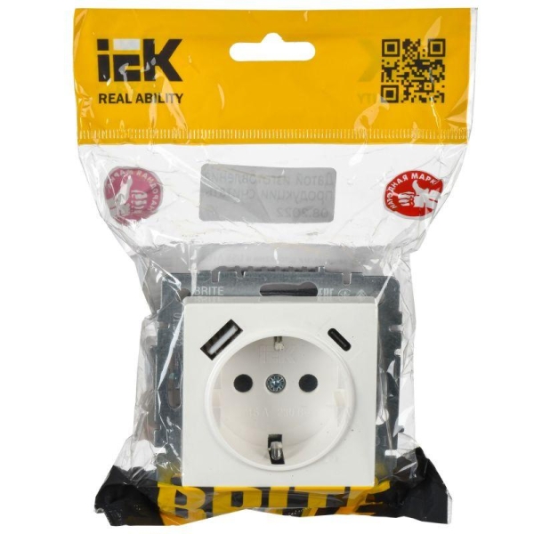 Розетка BRITE РЮш11-1-БрБ 16А с USB A+C 18Вт с заземл. защ. шторки механизм бел. IEK BR-R14-16-U22-018-K01