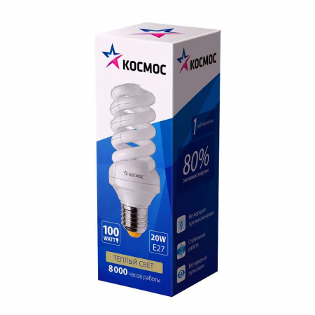 Лампа люминесцентная компакт. SPC 20Вт E27 спиральная 2700К Т3 КОСМОС LKsmSPC20wE2727 Лампа люминесцентная компакт. SPC 20Вт E27 спиральная 2700К Т3 КОСМОС LKsmSPC20wE2727