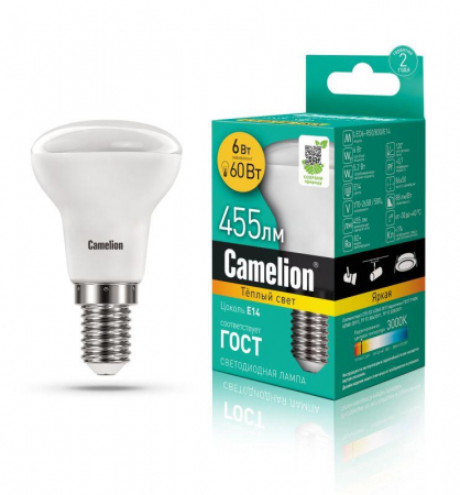 Лампа светодиодная LED6 R50/830/E14 6Вт рефлектор матовая 3000К тепл. бел. E14 455лм 170-265В Camelion 11658 Лампа светодиодная LED6 R50/830/E14 6Вт рефлектор матовая 3000К тепл. бел. E14 455лм 170-265В Camelion 11658