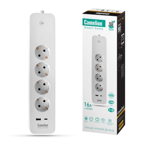 Фильтр сетевой умный Smart Home SZD/SH/4х1.5/WIFI 4гн.1.5м 16А 4000В USB+Type-С WiFi+Счетчик Camelion 14800 Фильтр сетевой умный Smart Home SZD/SH/4х1.5/WIFI 4гн.1.5м 16А 4000В USB+Type-С WiFi+Счетчик Camelion 14800
