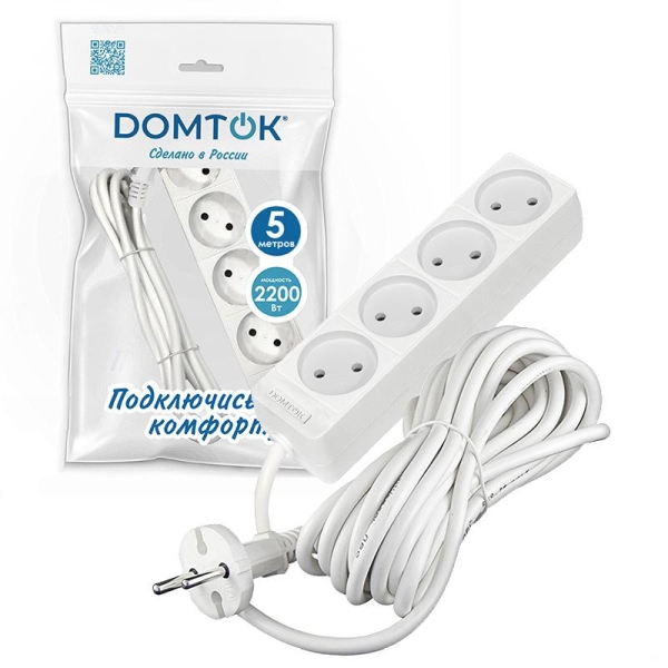 Удлинитель 4х5м без заземл. 10А IP20 2.2кВт ПВС 2х1 бел. DOMTOK 2357 Удлинитель 4х5м без заземл. 10А IP20 2.2кВт ПВС 2х1 бел. DOMTOK 2357