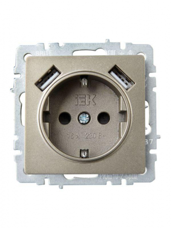 Розетка BRITE РЮш10-2-БрШ 16А с USB A+A 3.1А с заземл. защ. шторки механизм шампань IEK BR-R14-16-U21-D31-K37