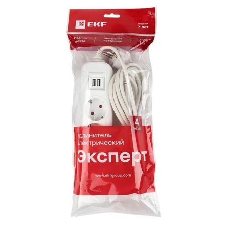Удлинитель 4х2м 16А IP20 Эксперт 3.5кВт 2хUSB 2.1А ПВС 3х1 PROxima EKF UBA16-2USB-4-02i Удлинитель 4х2м 16А IP20 Эксперт 3.5кВт 2хUSB 2.1А ПВС 3х1 PROxima EKF UBA16-2USB-4-02i