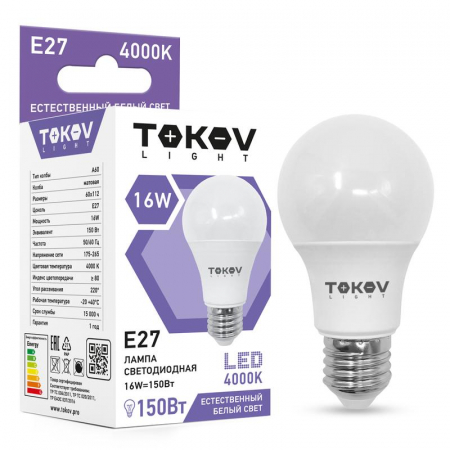 Лампа светодиодная 16Вт А60 4000К Е27 176-264В (TKL) TOKOV ELECTRIC TKL-A60-E27-16-4K Лампа светодиодная 16Вт А60 4000К Е27 176-264В (TKL) TOKOV ELECTRIC TKL-A60-E27-16-4K