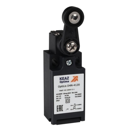 Выключатель концевой OptiLiS D4N-4120 рычаг пластик. с роликом пластик. EN 50047 XCKN2118P20 КЭАЗ 365306