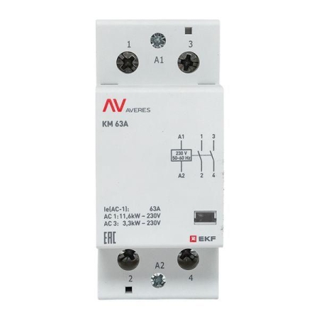 Контактор модульный КМ 63А 2NО 230В AC (2 мод.) AVERES EKF km-av-2-63-20-230V Контактор модульный КМ 63А 2NО 230В AC (2 мод.) AVERES EKF km-av-2-63-20-230V