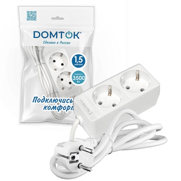 Удлинитель 2х1.5м с заземл. 16А IP20 3.5кВт ПВС 3х1 бел. DOMTOK 2384 Удлинитель 2х1.5м с заземл. 16А IP20 3.5кВт ПВС 3х1 бел. DOMTOK 2384