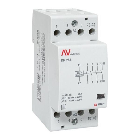 Контактор модульный КМ 25А 4NO 230В AC (2 мод.) AVERES EKF km-av-2-25-40-230V Контактор модульный КМ 25А 4NO 230В AC (2 мод.) AVERES EKF km-av-2-25-40-230V