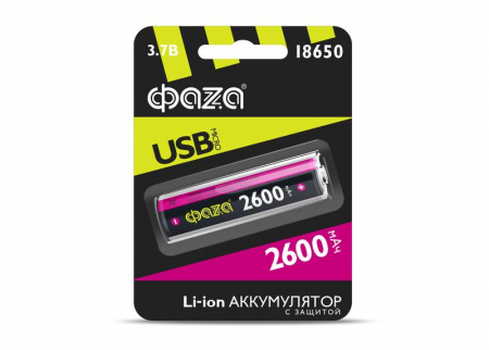 Аккумулятор 18650 3.7В Li-Ion 2600мА.ч с защитой; встроен. зарядкой и MicroUSB-портом BL-1 ФАZА 5033573 Аккумулятор 18650 3.7В Li-Ion 2600мА.ч с защитой; встроен. зарядкой и MicroUSB-портом BL-1 ФАZА 5033573