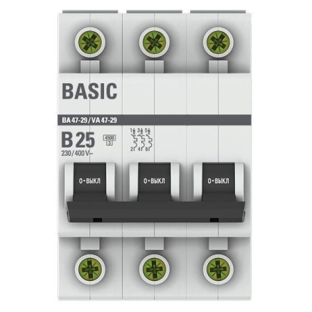 Выключатель автоматический модульный 3п B 25А 4.5кА ВА 47-29 Basic EKF mcb4729-3-25-B Выключатель автоматический модульный 3п B 25А 4.5кА ВА 47-29 Basic EKF mcb4729-3-25-B