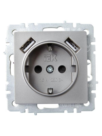 Розетка BRITE РЮш10-1-БрС 16А с USB A+A 2.1А с заземл. защ. шторки механизм сталь IEK BR-R14-16-U21-D21-K46