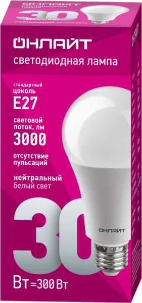 Лампа светодиодная 61 971 OLL-A70-30-230-4K-E27 30Вт грушевидная 2700К тепл. бел. E27 3000лм 176-264В ОНЛАЙТ 61971