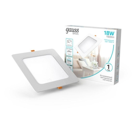 Светильник светодиодный Basic Downlight 18Вт 4000К IP20 1600лм 170х26 170-260В монтаж. квадрат бел. 1/60 GAUSS 9031420218 Светильник светодиодный Basic Downlight 18Вт 4000К IP20 1600лм 170х26 170-260В монтаж. квадрат бел. 1/60 GAUSS 9031420218