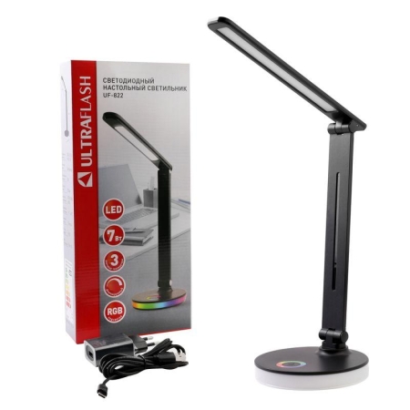 Светильник светодиодный настольный UF-822 C02 7Вт димм. 3 цвет. темп. RGB ночник черн. Ultraflash 15177