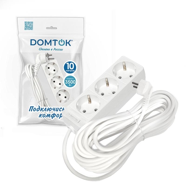 Удлинитель 3х10м с заземл. 16А IP20 3.5кВт ПВС 3х1 бел. DOMTOK 2390 Удлинитель 3х10м с заземл. 16А IP20 3.5кВт ПВС 3х1 бел. DOMTOK 2390