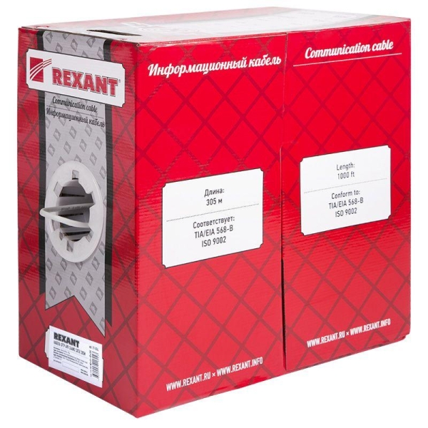 Кабель витая пара SF/UTP кат.5e 4х2х0.51 24AWG solid PVC INDOOR медь сер. (305м) (м) Rexant 01-0342 Кабель витая пара SF/UTP кат.5e 4х2х0.51 24AWG solid PVC INDOOR медь сер. (305м) (м) Rexant 01-0342