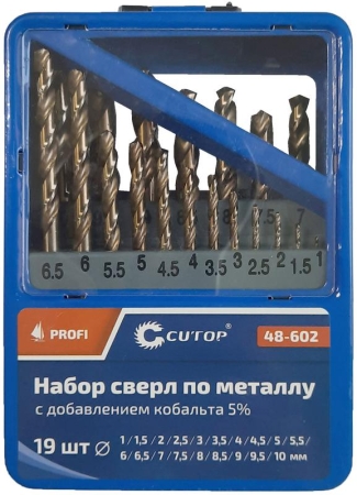 Набор сверл по металлу Profi 1-10мм (через 0.5мм) с кобальтом 5проц. в метал. коробке (19шт) Cutop 48-602 Набор сверл по металлу Profi 1-10мм (через 0.5мм) с кобальтом 5проц. в метал. коробке (19шт) Cutop 48-602