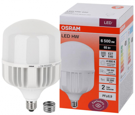 Лампа светодиодная высокомощная LED HW 65Вт T матовая 4000К нейтр. бел. E27 6500лм 140-265В с адаптером E40 угол пучка 200град. PF>/=09 (замена 650Вт) OSRAM 4058075576896 Лампа светодиодная высокомощная LED HW 65Вт T матовая 4000К нейтр. бел. E27 6500лм 140-265В с адаптером E40 угол пучка 200град. PF>/=09 (замена 650Вт) OSRAM 4058075576896