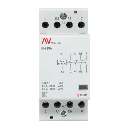 Контактор модульный КМ 25А 2NC+2NO 24В AC (2 мод.) AVERES EKF km-av-2-25-22-24V Контактор модульный КМ 25А 2NC+2NO 24В AC (2 мод.) AVERES EKF km-av-2-25-22-24V