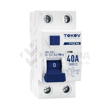Выключатель дифференциального тока (УЗО) 2п (1P+N) 40А 100мА тип AC 6кА PRIZMA TOKOV ELECTRIC TKE-PZ60-RCDM-2-40-100-AC