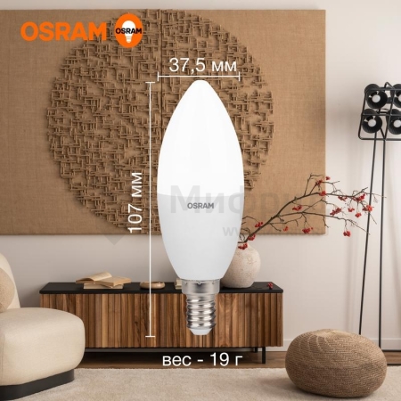 Лампа светодиодная LED Value B 12Вт 3000К тепл. бел. E14 960лм B матов. пластик 220-240В (замена 100Вт) OSRAM 4099854308659