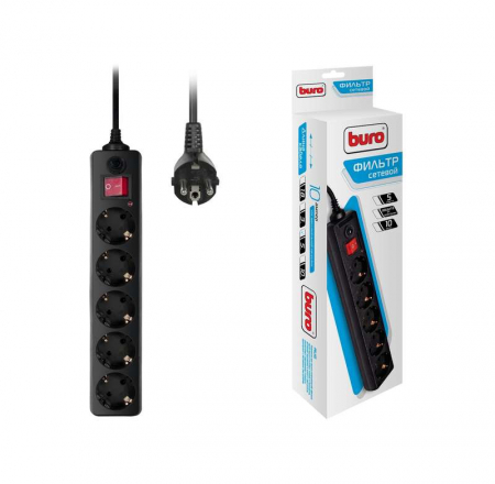 Удлинитель с сетевым фильтром 5х5м с заземл. 10А IP20 500SH-5-B 2.2кВт ПВС черн. BURO 992296 Удлинитель с сетевым фильтром 5х5м с заземл. 10А IP20 500SH-5-B 2.2кВт ПВС черн. BURO 992296