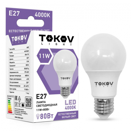 Лампа светодиодная 11Вт А60 4000К Е27 176-264В (TKL) TOKOV ELECTRIC TKL-A60-E27-11-4K Лампа светодиодная 11Вт А60 4000К Е27 176-264В (TKL) TOKOV ELECTRIC TKL-A60-E27-11-4K