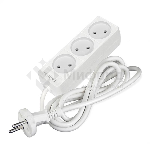 Удлинитель 3х1.5м без заземл. 10А IP20 2.2кВт ПВС 2х1 бел. DOMTOK 2349