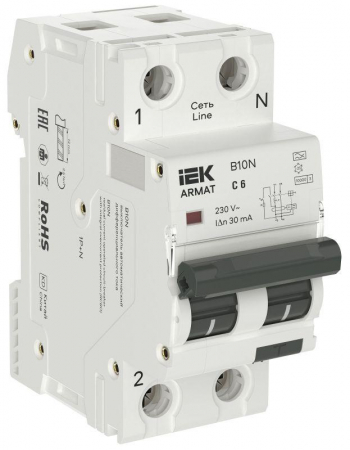 Выключатель автоматический дифференциального тока АВДТ B10N 1P+NP C6 30мА тип A (36мм) ARMAT IEK AR-B10N-1N-C006A030